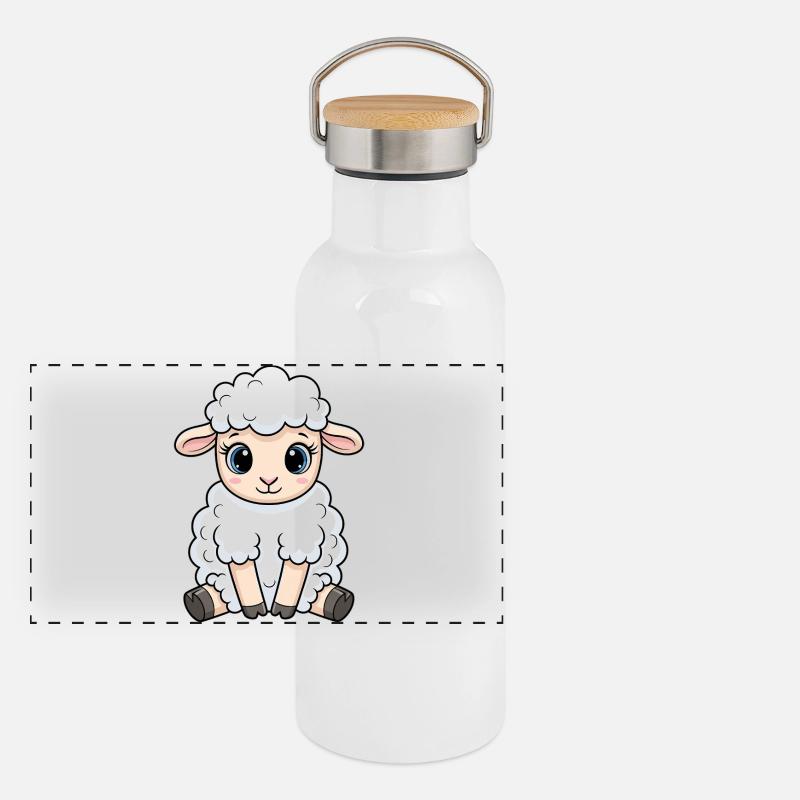 Kuscheliges Lamm Cartoon - Panorama Thermosflasche mit Bambusdeckel - Weiß