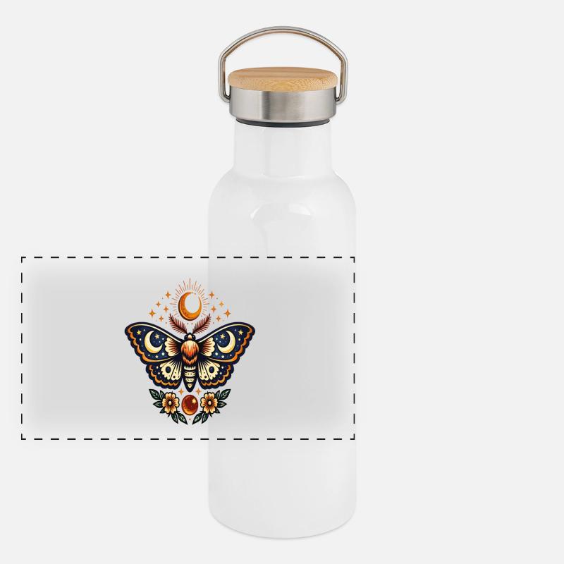 Mondschmetterling und Sternblüten Panorama Thermosflasche mit Bambusdeckel