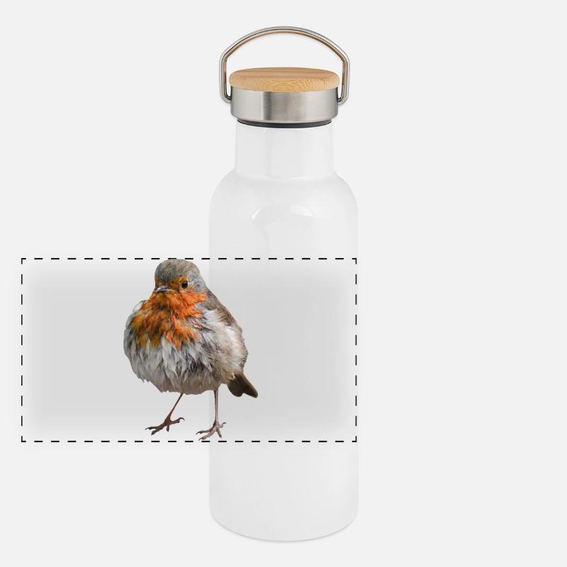 Zerzaustes Rotkehlchen Panorama Thermosflasche mit Bambusdeckel
