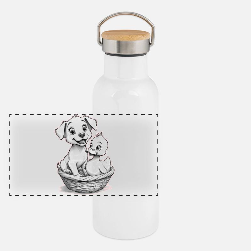 Le chien mignon et le canard dans le panier – 🐶🦆 Gourde isotherme avec bouchon en bambou