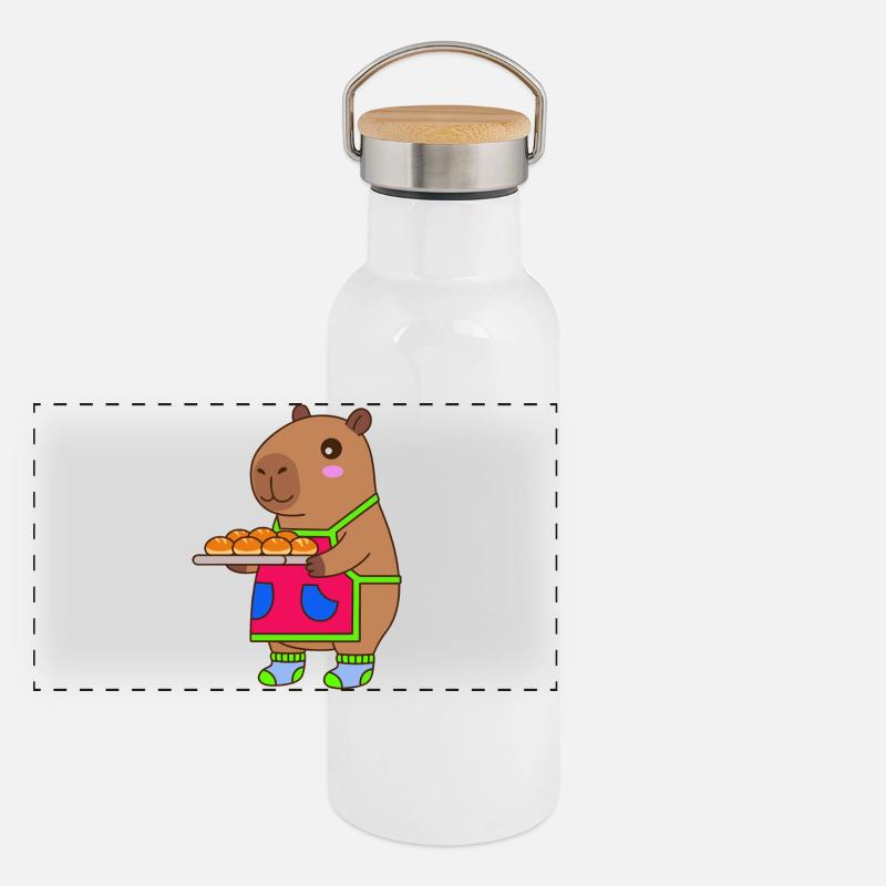 Capybara  Baker Apron with Buns - Panoramic Thermal Bottle with Bamboo Lid - white