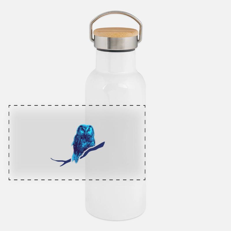 Eule kauz Uhu blau Panorama Thermosflasche mit Bambusdeckel