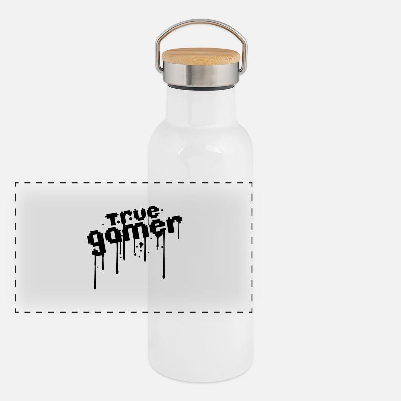 pixel true gamer 8 bit retro alt schrift text blut Panorama Thermosflasche mit Bambusdeckel