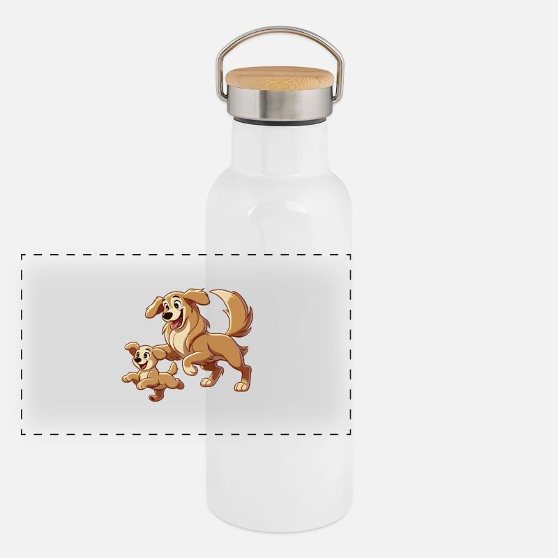 Golden Retriever Mutter und Kind beim Herumtollen Panorama Thermosflasche mit Bambusdeckel