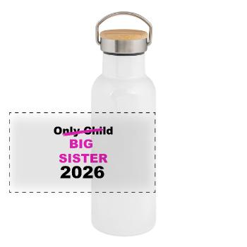 Große Schwester 2026 Ankündigung - Panorama Thermosflasche mit Bambusdeckel - Weiß - Vorne