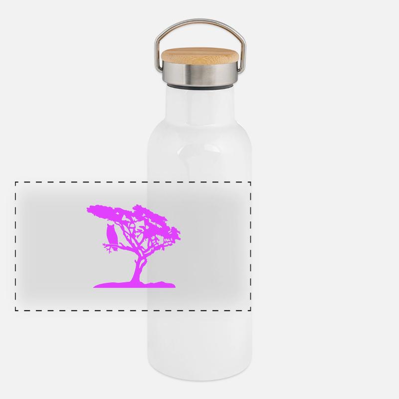 Owl Eagle Owl Branch Tree Forest Night Silhouette Outline Cute Panoramic Thermal Bottle with Bamboo Lid