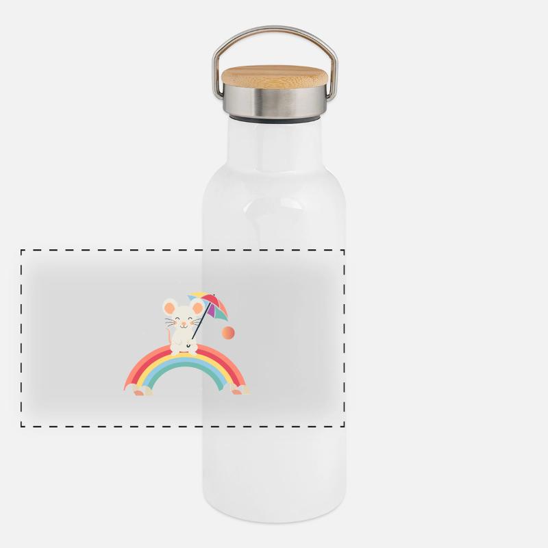 Cheerful mouse with umbrella on rainbow Panoramic Thermal Bottle with Bamboo Lid