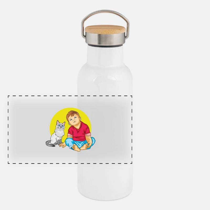 Boy is talking to a Siamese cat - Panoramic Thermal Bottle with Bamboo Lid - white