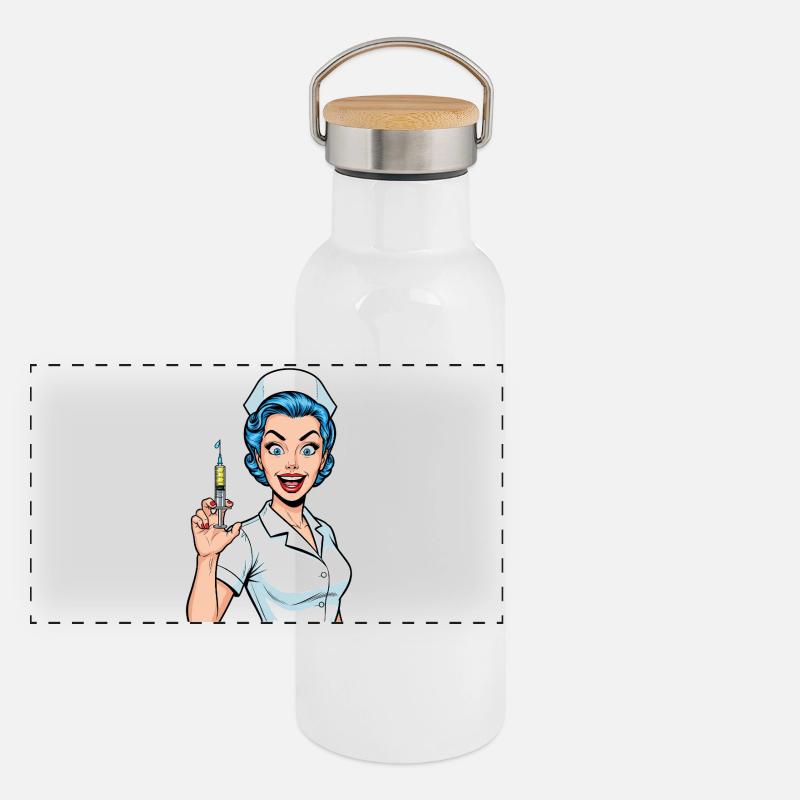Verrückte Krankenschwester Comic Pop Art Spritze Panorama Thermosflasche mit Bambusdeckel