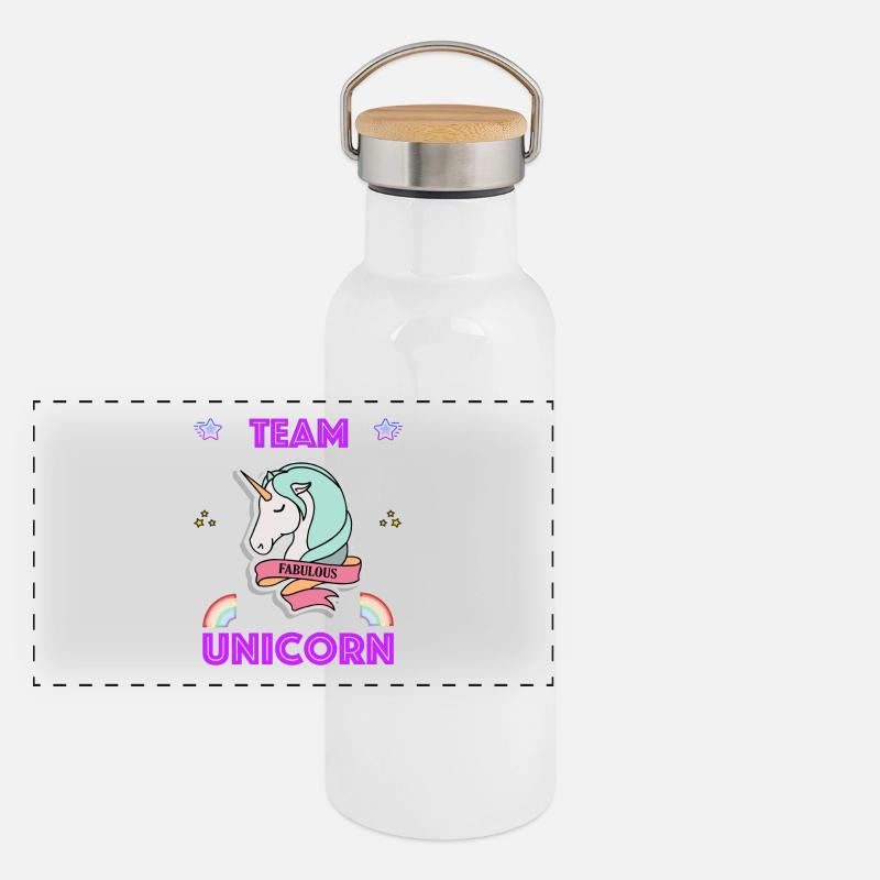Team Unicorn Fabulous mit Regenbogen und Sterne Panorama Thermosflasche mit Bambusdeckel