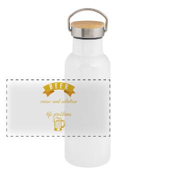 Bière - Bière - buveurs de bière - verre de bière - problème - Gourde isotherme avec bouchon en bambou - blanc - Devant