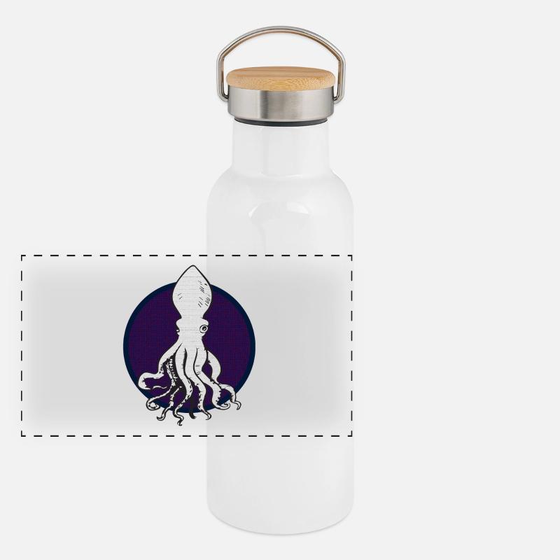 Weißer Octopus Panorama Thermosflasche mit Bambusdeckel