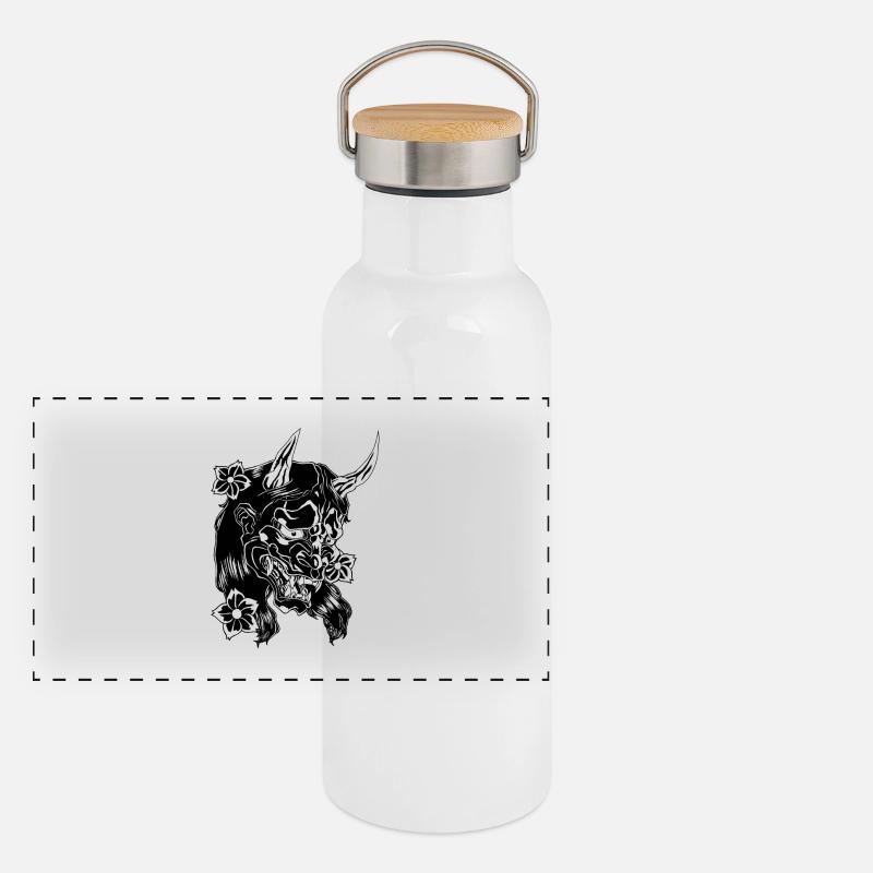 Teufel mit Blumen schwarz Panorama Thermosflasche mit Bambusdeckel
