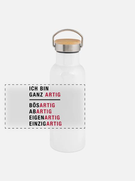 Spruch, Ich bin ganz artig - Panorama Thermosflasche mit Bambusdeckel - Weiß - Vorne