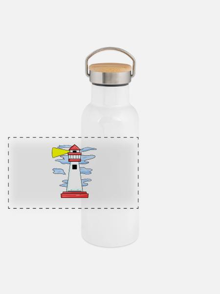 Leuchtturm - Panorama Thermosflasche mit Bambusdeckel - Weiß