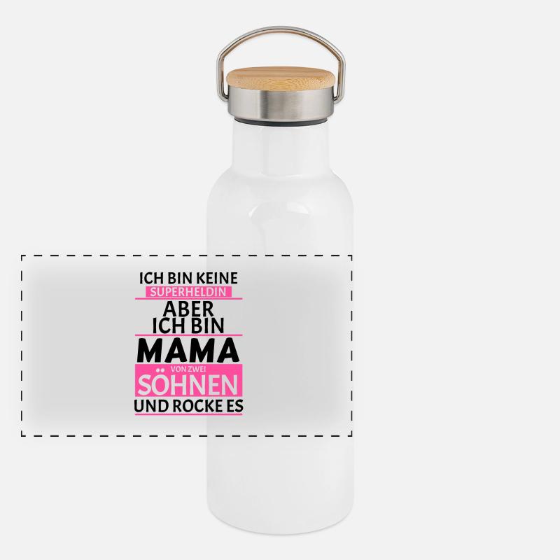 Superheldin Mama Zwei Söhne Spruch Geschenk Panorama Thermosflasche mit Bambusdeckel