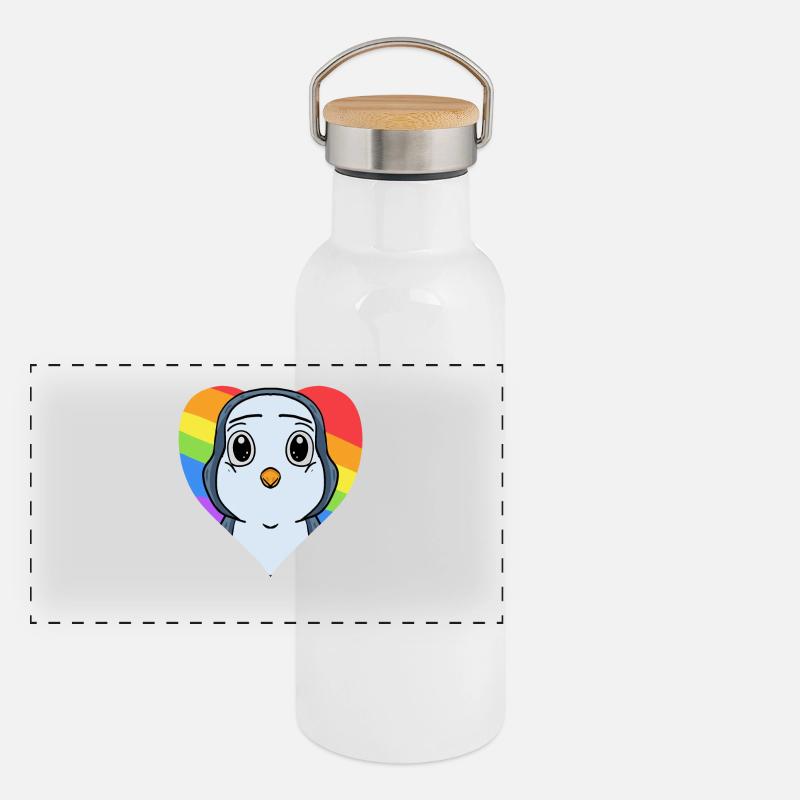 Pinguin Lgbt Regenbogen Farben Panorama Thermosflasche mit Bambusdeckel