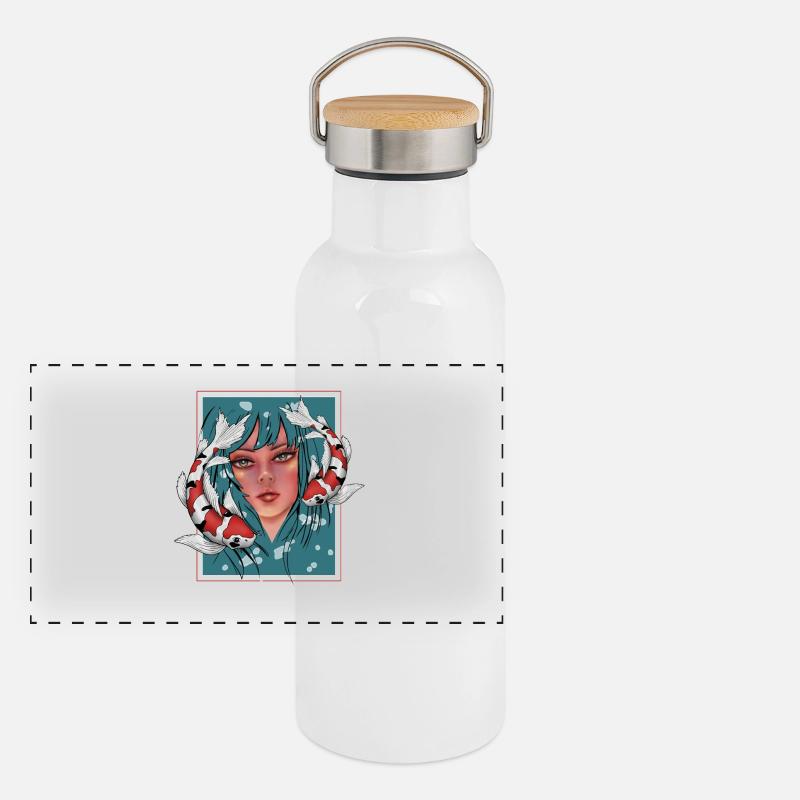 Mädchen mit Koi Panorama Thermosflasche mit Bambusdeckel