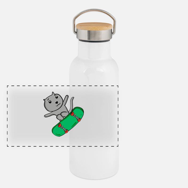 Cat Russian Blue as Skater with Skateboard Panoramic Thermal Bottle with Bamboo Lid