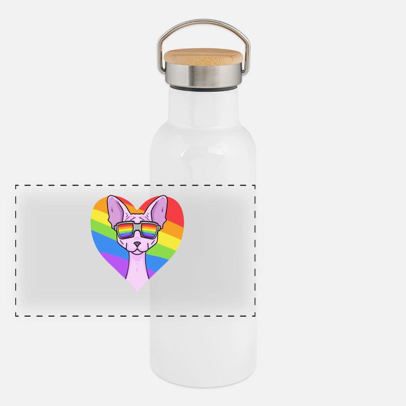 Regenbogen - Katze Sphynx-Katze mit Brille Panorama Thermosflasche mit Bambusdeckel