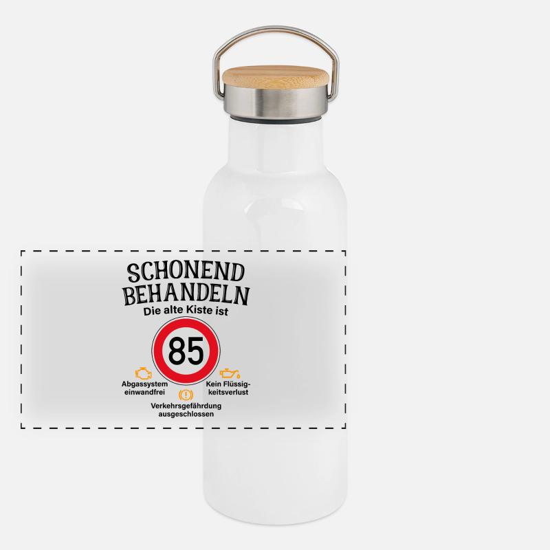 85. Geburtstag Schonend Behandeln 85 Alte Kiste 85 Panorama Thermosflasche mit Bambusdeckel