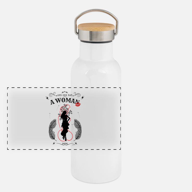 Und eines Tages eine Frau! Schwarzes Modell. Panorama Thermosflasche mit Bambusdeckel