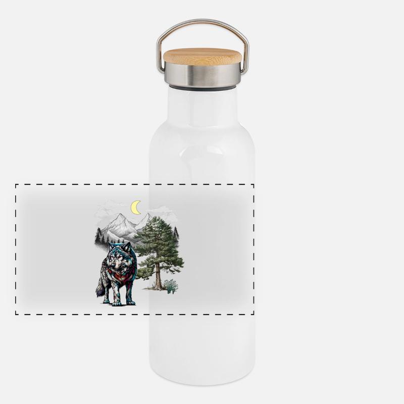 Wolf Wolves Nature Montagnes Gourde isotherme avec bouchon en bambou