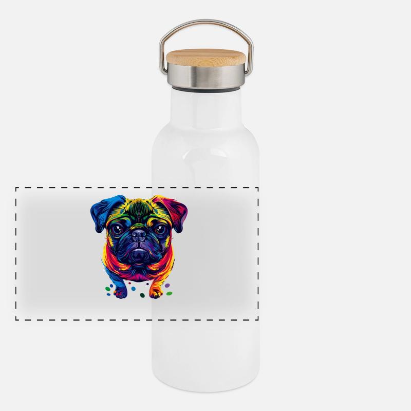 Mops Hund Bunte Farben Pop Art Regenbogen Carlino Panorama Thermosflasche mit Bambusdeckel
