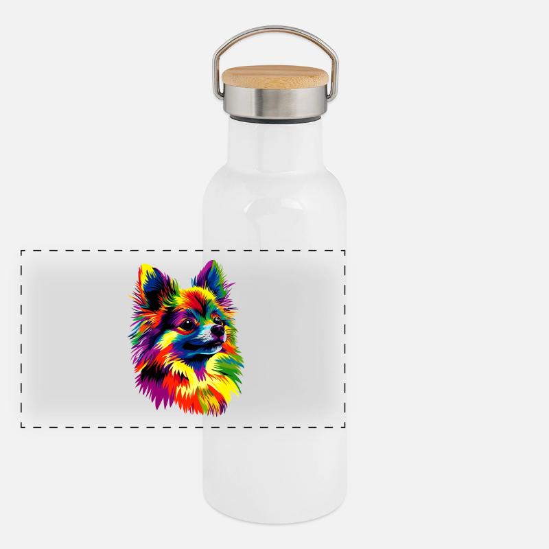 Zwergspitz Popart Pommeraner Bunter Pom Spitz Hund Panorama Thermosflasche mit Bambusdeckel