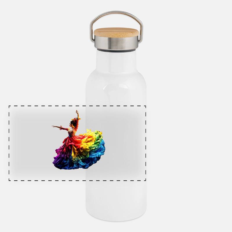 Flamenco Dancer Rainbow Colorful Dress Dancing Panoramic Thermal Bottle with Bamboo Lid