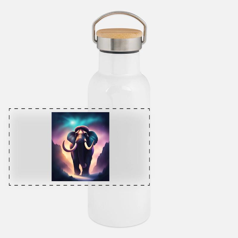 Cooles Mammut mit lila Hintergrund Panorama Thermosflasche mit Bambusdeckel