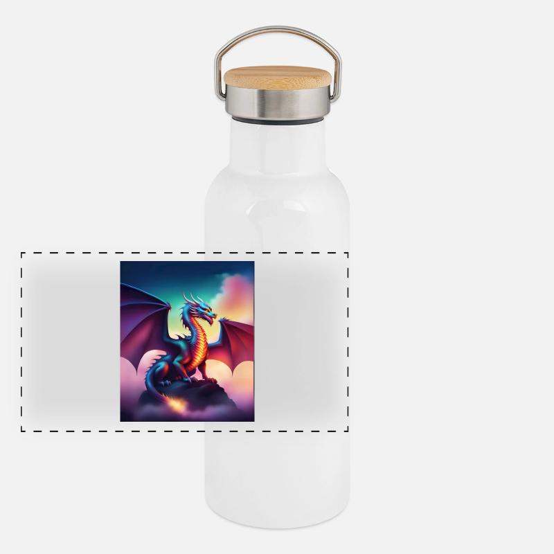 Drache auf einer Klippe Panorama Thermosflasche mit Bambusdeckel