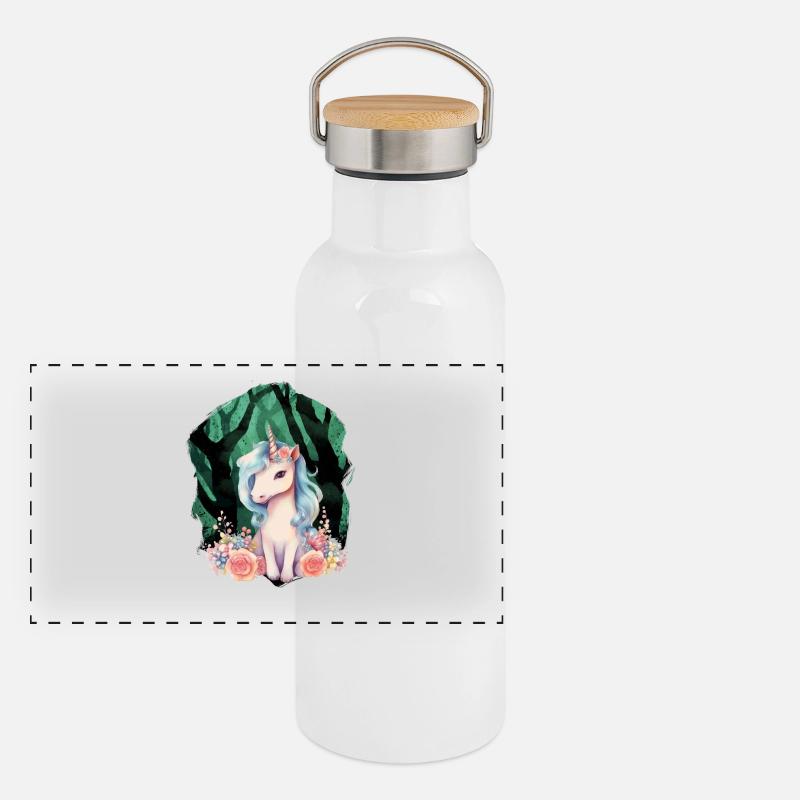 Einhorn Einhörner Fabelwesen Fabeltiere Kind Panorama Thermosflasche mit Bambusdeckel