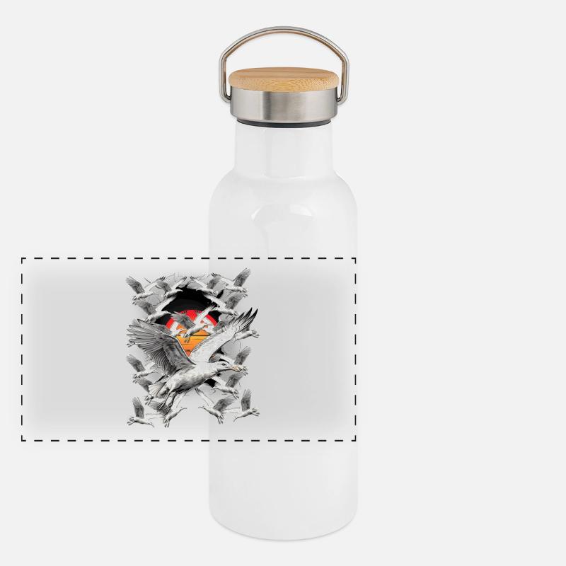 Coast, Sunset, Seagull, Seagulls, Seabirds Panoramic Thermal Bottle with Bamboo Lid