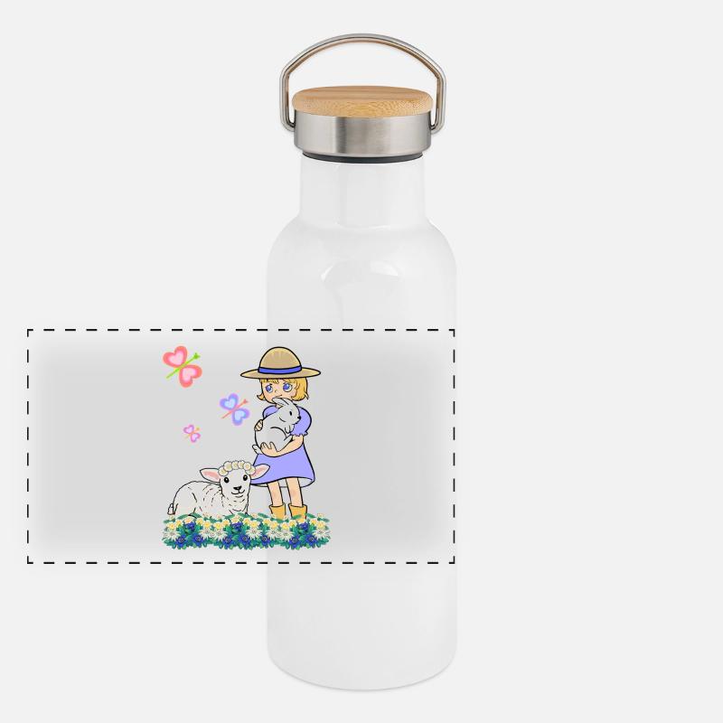 Kinder Kind Mädchen Schaf Schafe Lamm Ostern Panorama Thermosflasche mit Bambusdeckel