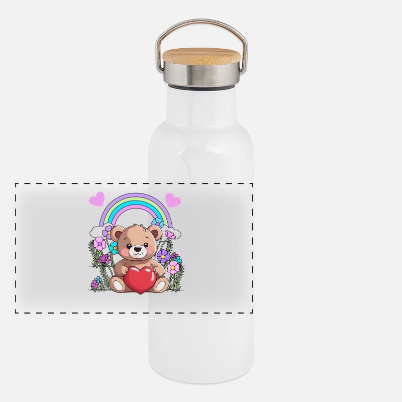 Teddy Valentin Valentinstag Herz Herzen Geburtstag Panorama Thermosflasche mit Bambusdeckel