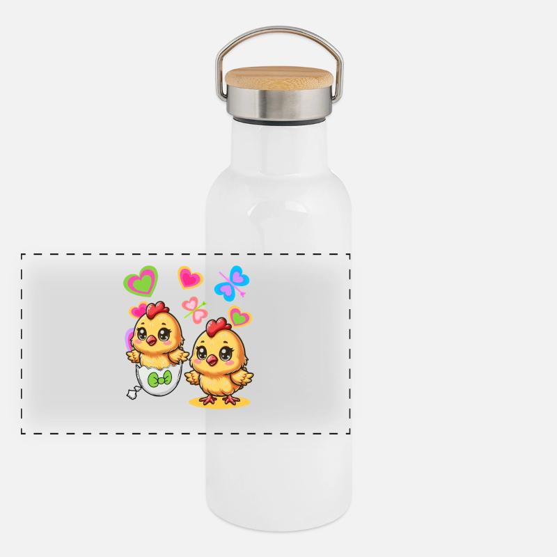 Retro Ostern Ei Eier Küken 80er 90er Kinder Panorama Thermosflasche mit Bambusdeckel