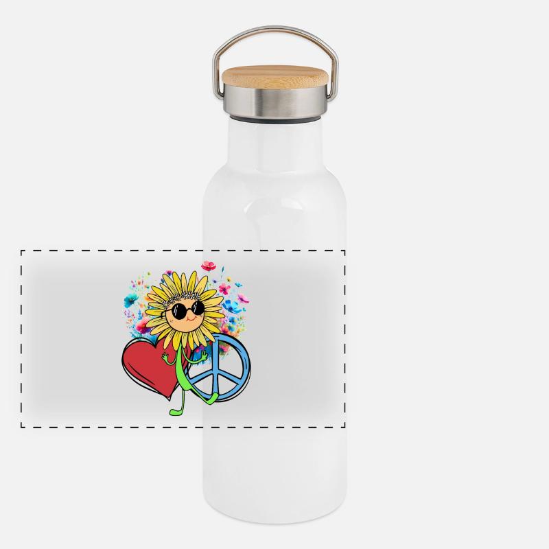 Hippe Sonnenblume Peace Herz Blume Panorama Thermosflasche mit Bambusdeckel