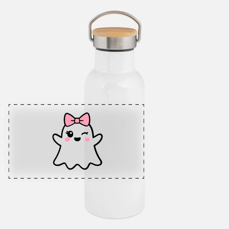 Fantôme kawaii avec noeud rose Gourde isotherme avec bouchon en bambou