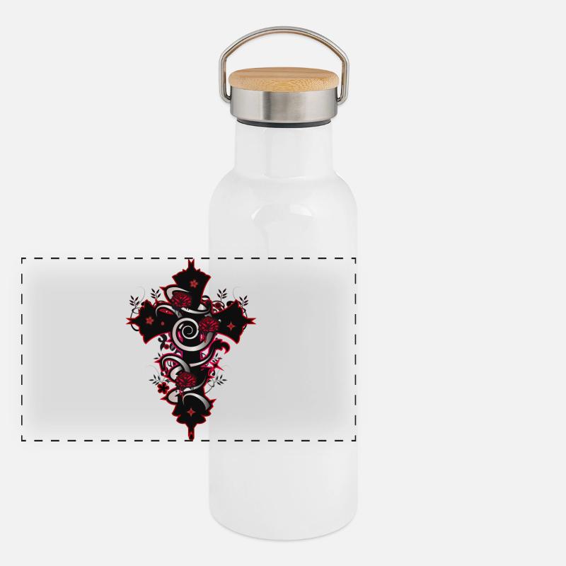 Croix gothique rouge noire avec des éléments floraux Gourde isotherme avec bouchon en bambou