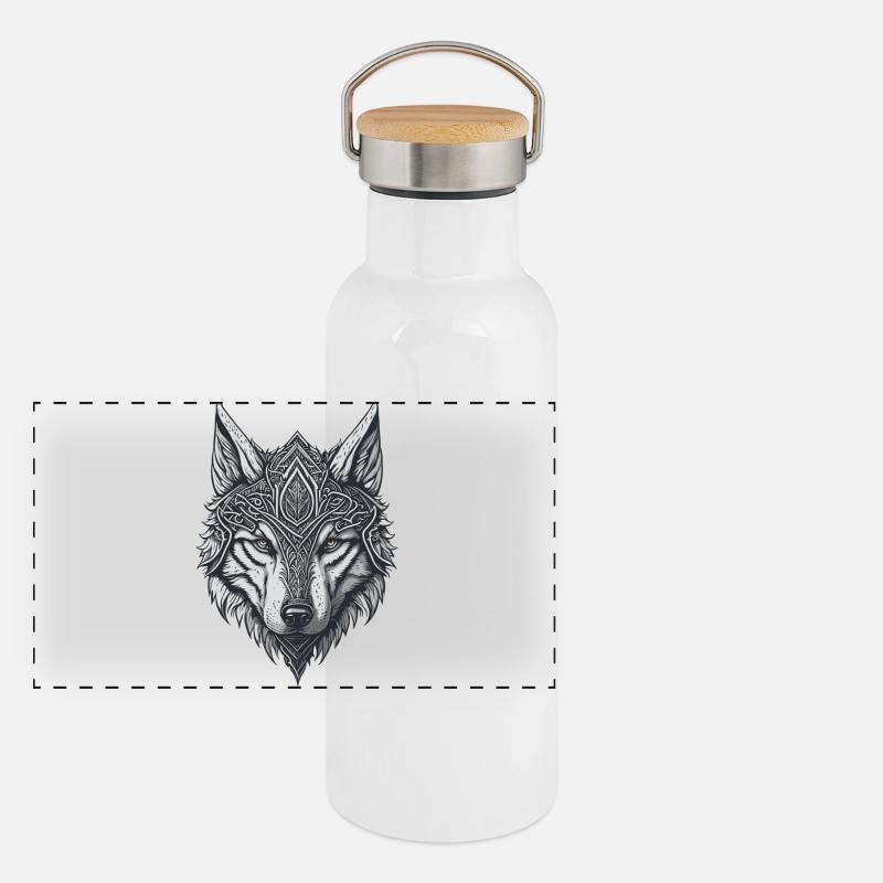 Wolfskopf-Stil Wikinger-Tattoo Panorama Thermosflasche mit Bambusdeckel
