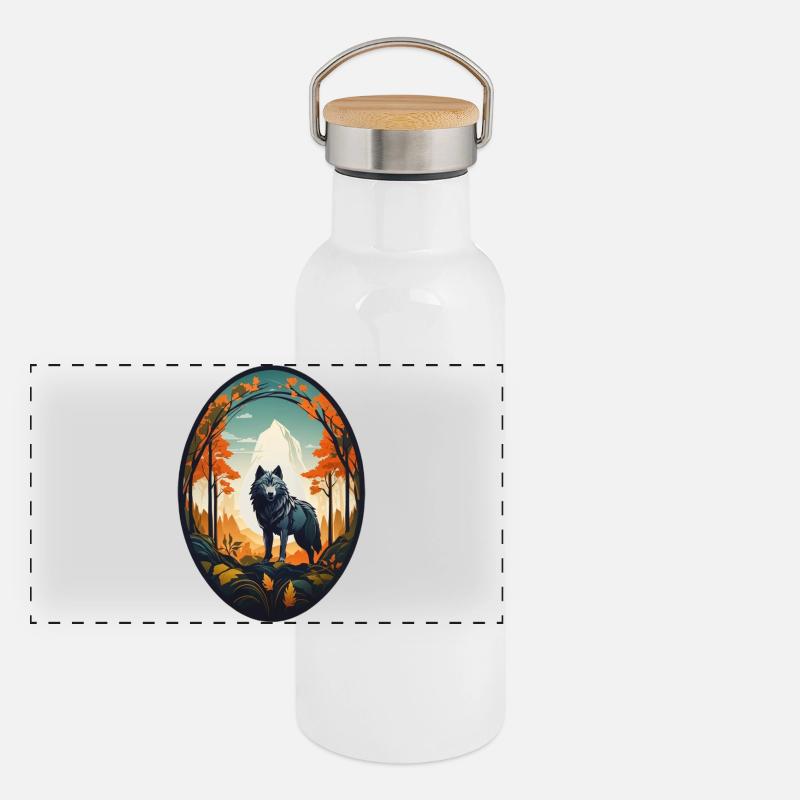 Waldbewohner Wolf Panorama Thermosflasche mit Bambusdeckel