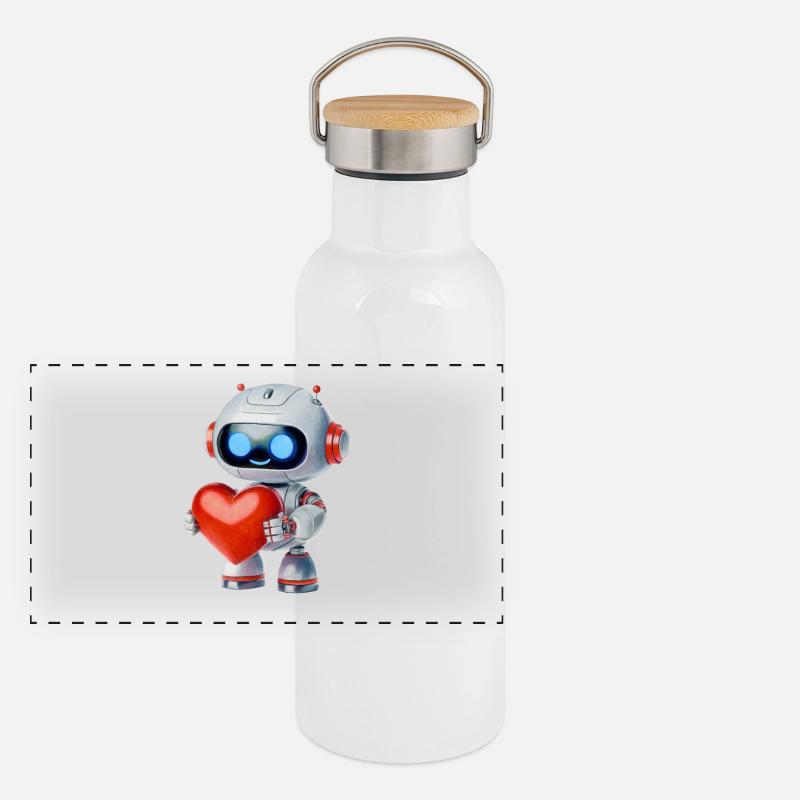 Robots with a heart Panoramic Thermal Bottle with Bamboo Lid