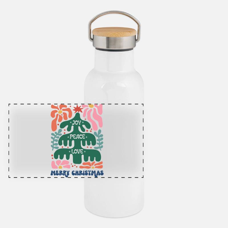 Joy Peace Love Merry Christmas Boho Style - Panoramic Thermal Bottle with Bamboo Lid - white