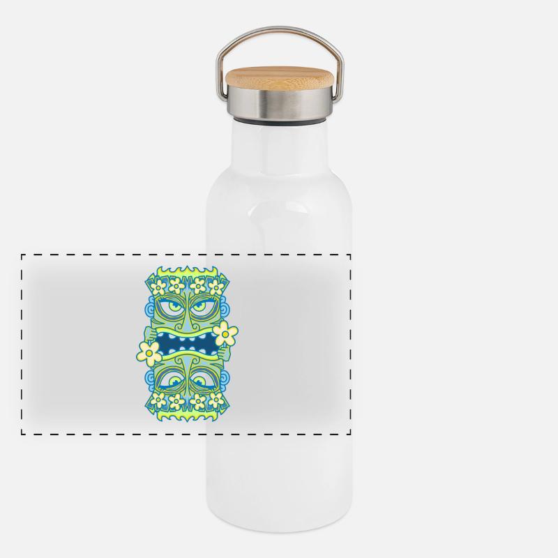 Blaue Tiki Queen - Blumen Panorama Thermosflasche mit Bambusdeckel