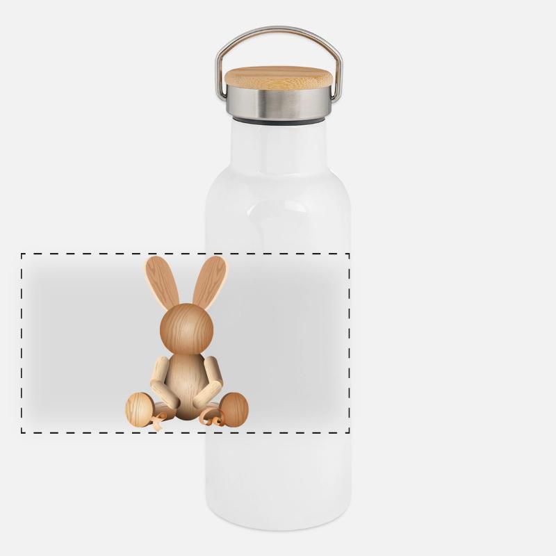 Illustrative Holzoptik – Charmante Hasenfigur Panorama Thermosflasche mit Bambusdeckel
