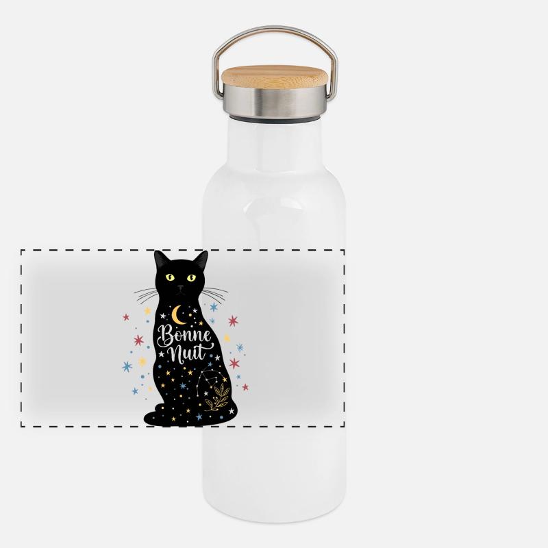 Cat Noir "Good Night": Magical and Starry Design - Panoramic Thermal Bottle with Bamboo Lid - white