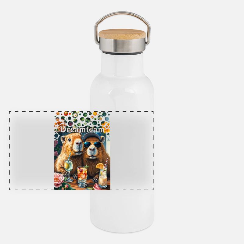 Dreamteam Capybara Couple Teamwork Freizeit Panorama Thermosflasche mit Bambusdeckel