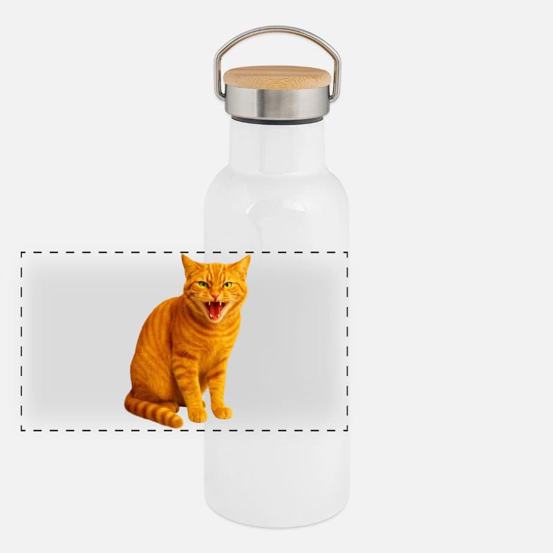 Fauchende orange getigerte Katze Panorama Thermosflasche mit Bambusdeckel