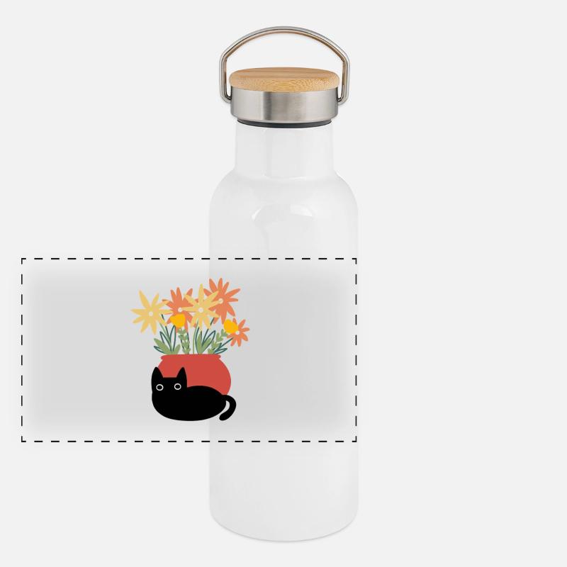 Cat with vase Panoramic Thermal Bottle with Bamboo Lid